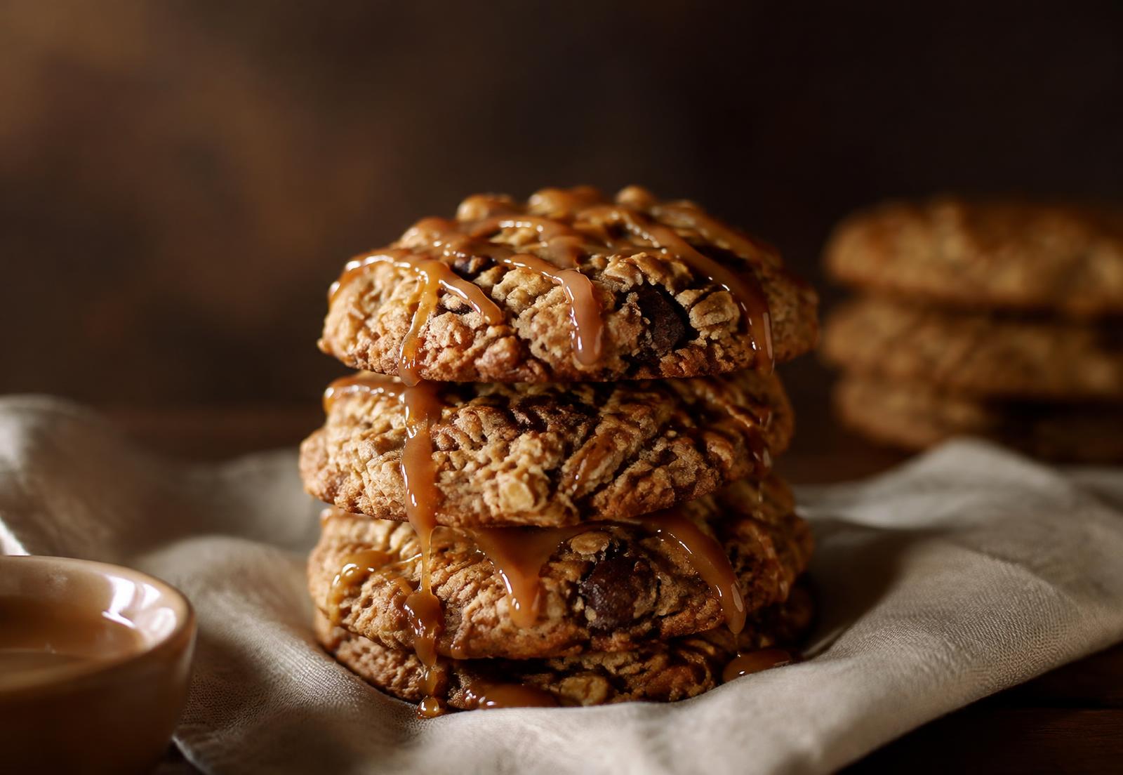 Stack of caramel-drizzled oatmeal cookies